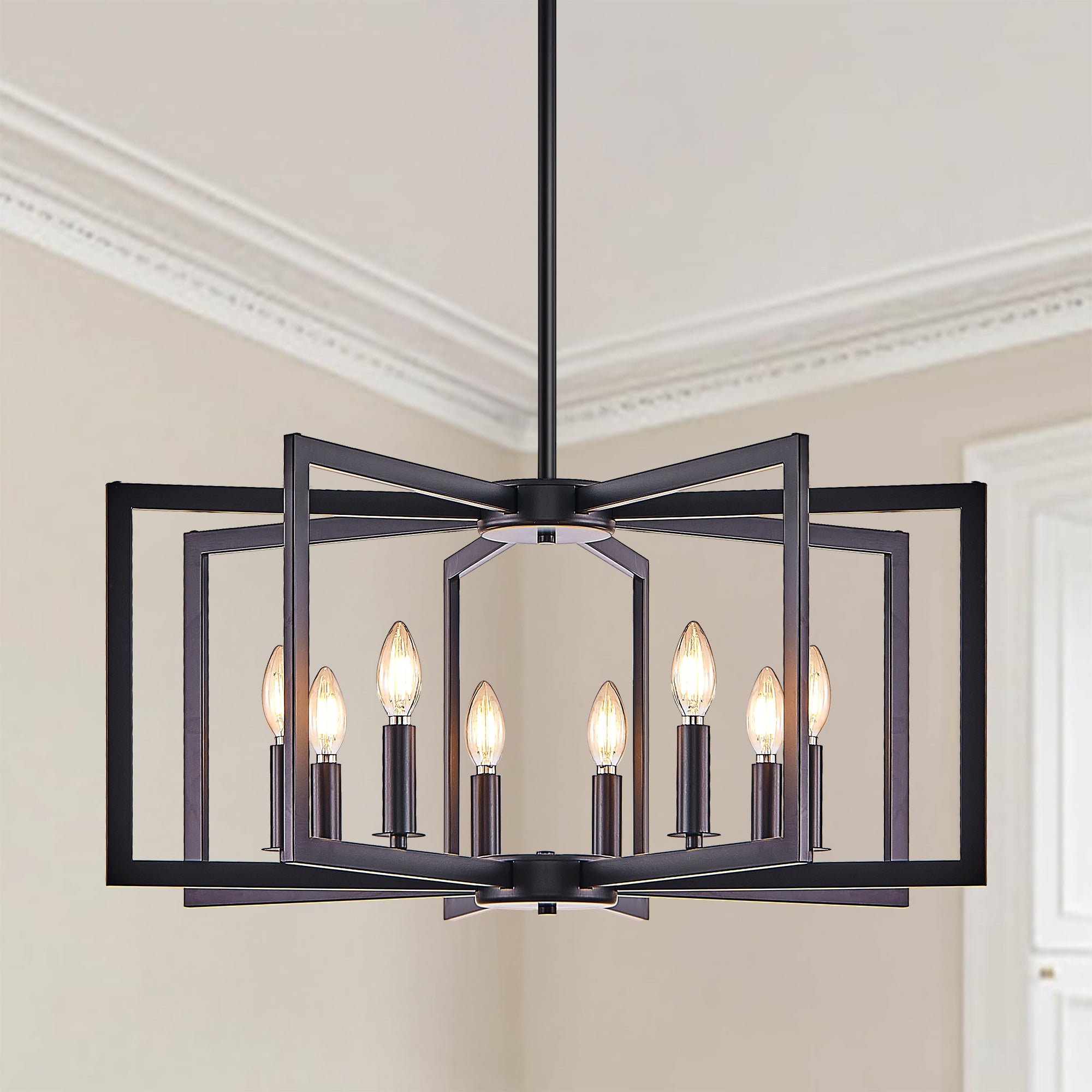 Chandelier 8-Light Geometric Noir moderne de 27" – Luminaire pendentif métallique industriel pour