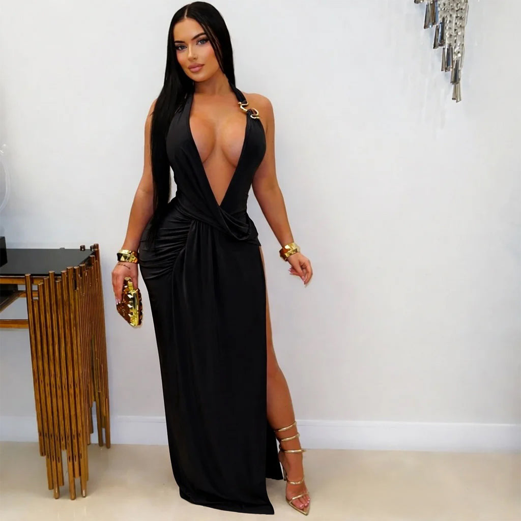 Femme de mode européenne et américaine Sexy Deep V Halter Bodycon Robe sans dos