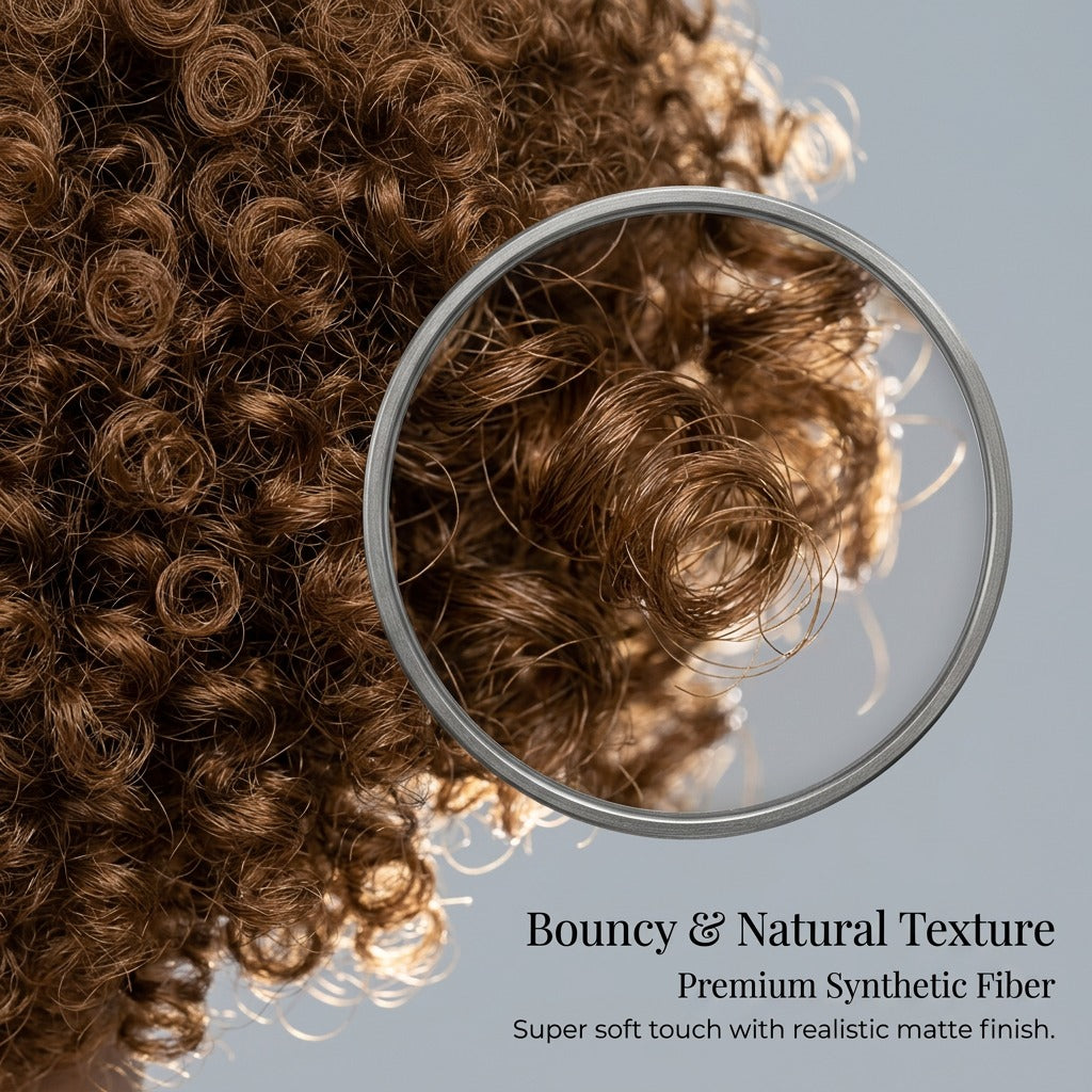 Cheveux humains, perruque courte brune, sans colle nécessaire, fluffy et curly, spécialement conçu F