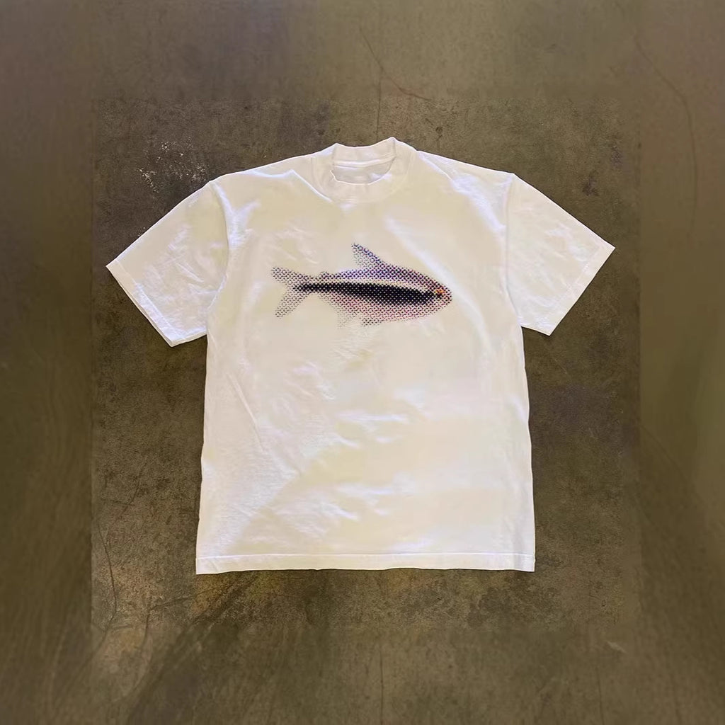 T-shirt à manches courtes surdimensionné avec un petit poisson imprimé unisexe et détendu