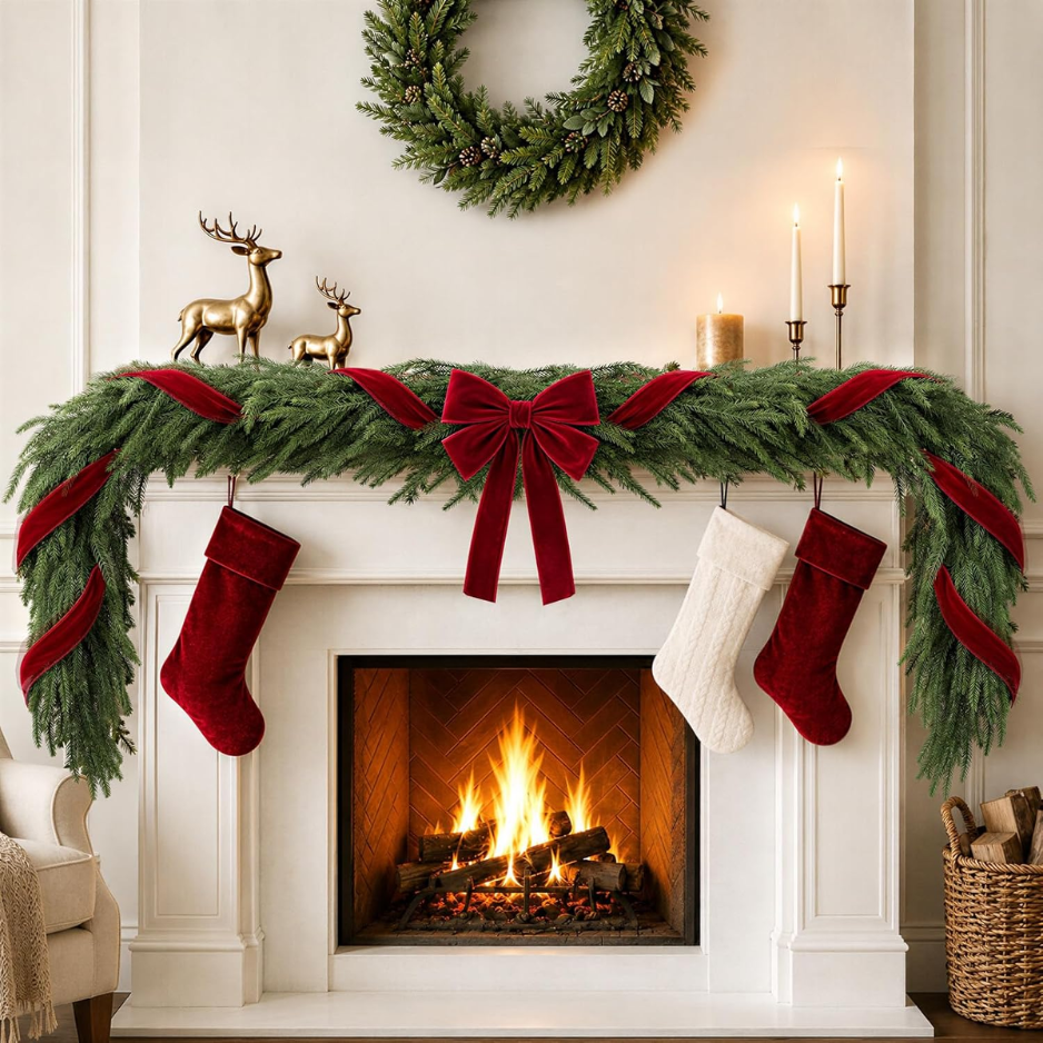 Decor de Noël 6FT Norfolk Pine Garland avec ruban Bows Velvet rouge