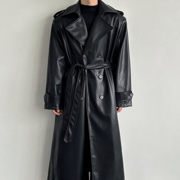 Manteau de tranchée longue en cuir à double bras pour hommes