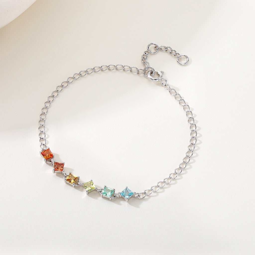 S925 Argent Sterling Rainbow Lab-Grown Bracelet de pierres précieuses 16cm carré coupe platine plaqué G