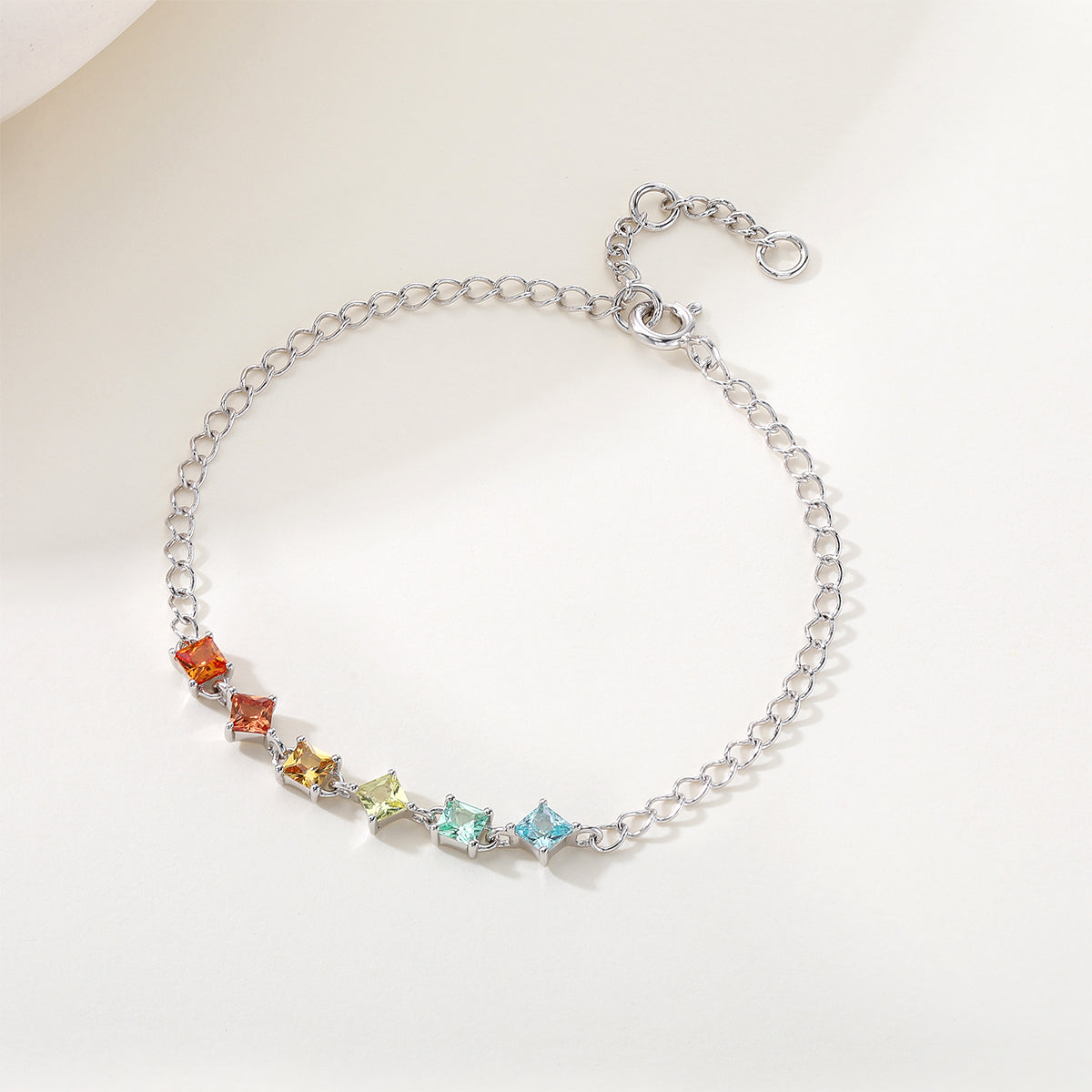 S925 Argent Sterling Rainbow Lab-Grown Bracelet de pierres précieuses 16cm carré coupe platine plaqué G