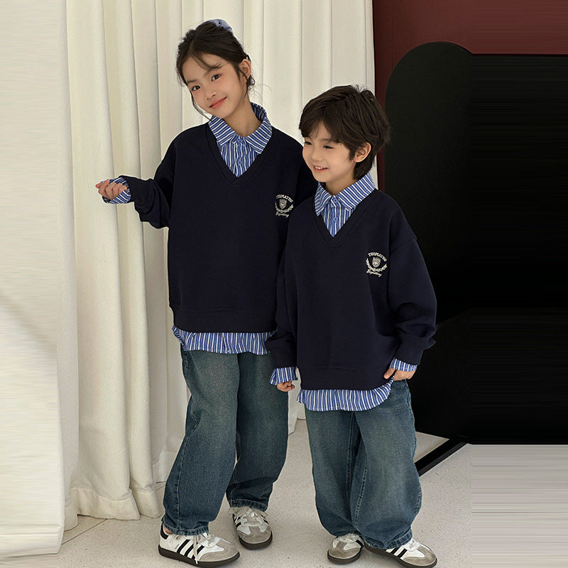 Enfants AutomneHiver Patchwork Polo-Neck Sweater Coordonnée poids lourd Parent-EnfantSibling M