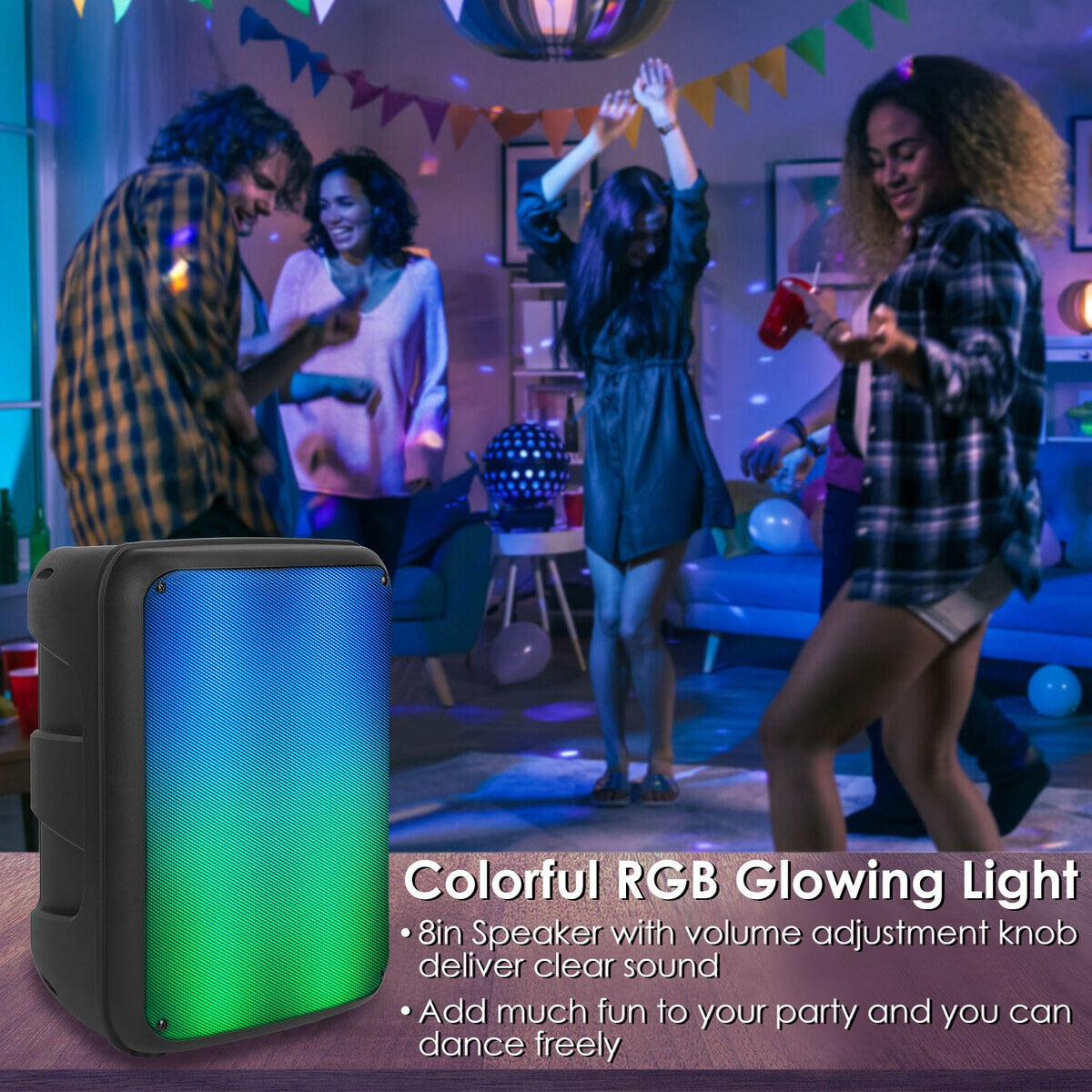 1Pc Portable Wireless Party Speaker 8in Colorful Lights Système DJ PA avec fonction TWS FM