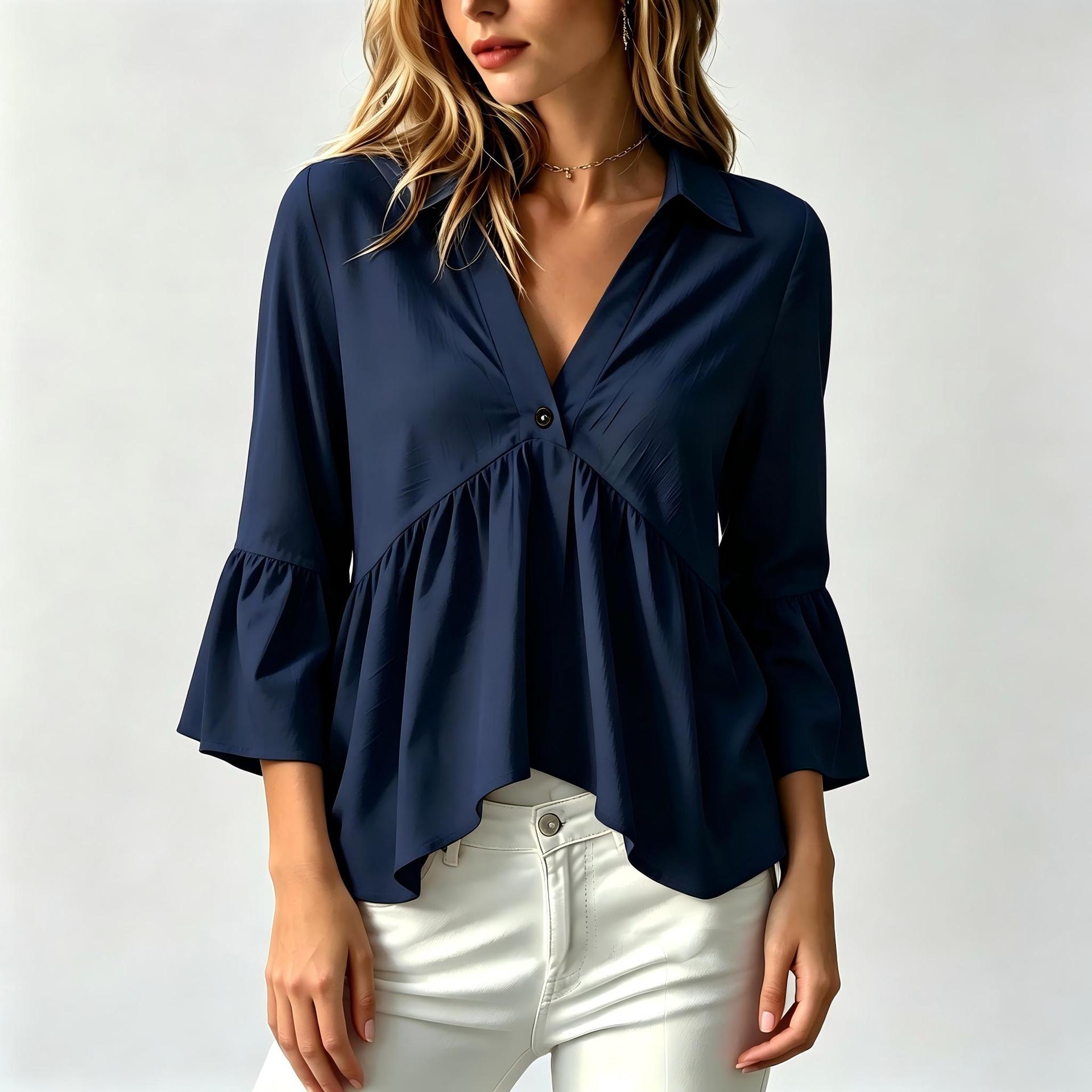 Chemise de couleur unie pour femmes avec un col et des manches volantes