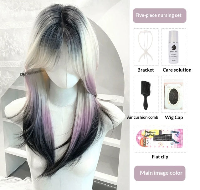 Femme Long Wavy Perruque en rose et noir avec poodle style bangs et une partie moyenne