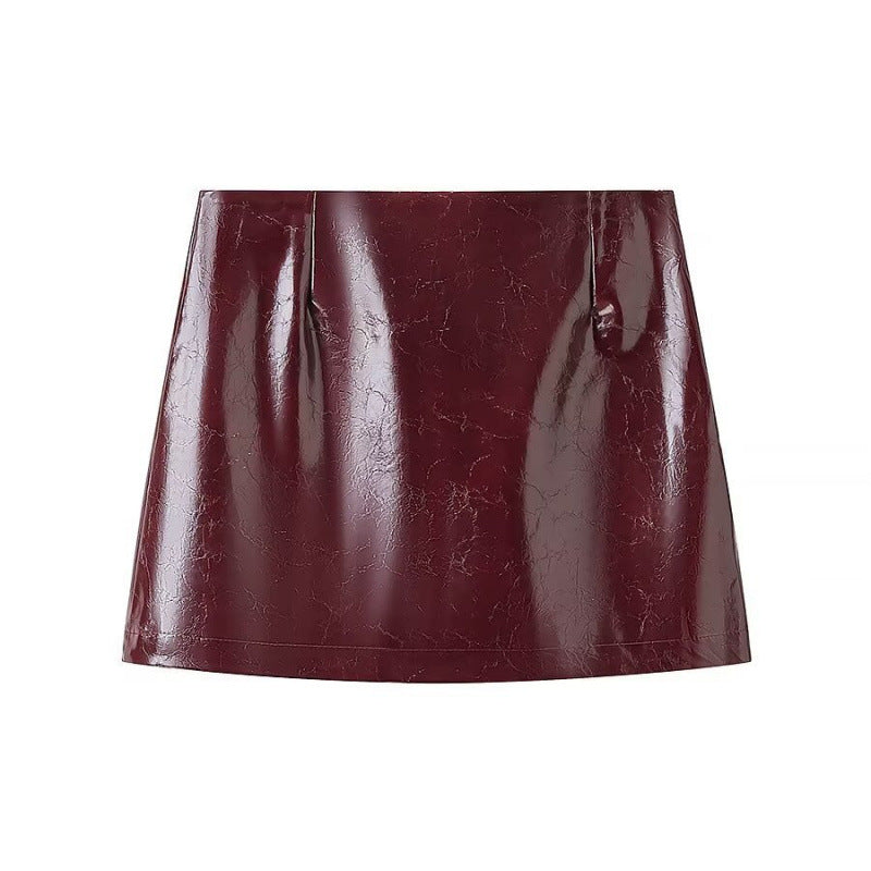 Brevet craqué Faux Cuir Double Breasted Short Blazer & High Waist Mini A-Line Jupe Tw