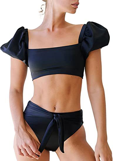 Maillot de bain taille haute avec manches et cravates à bulles