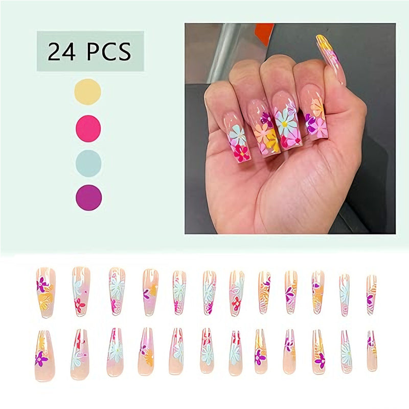 24 PCS Long Flowers Plat Art des ongles
