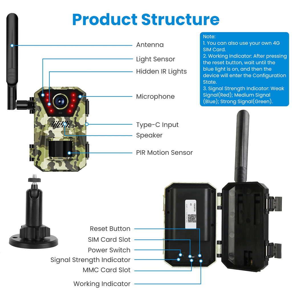 1Pc 4G 4K 30FPS Solar Trail Camera Outdoor Wildlife Camera Motion activé IP66 Waterproo