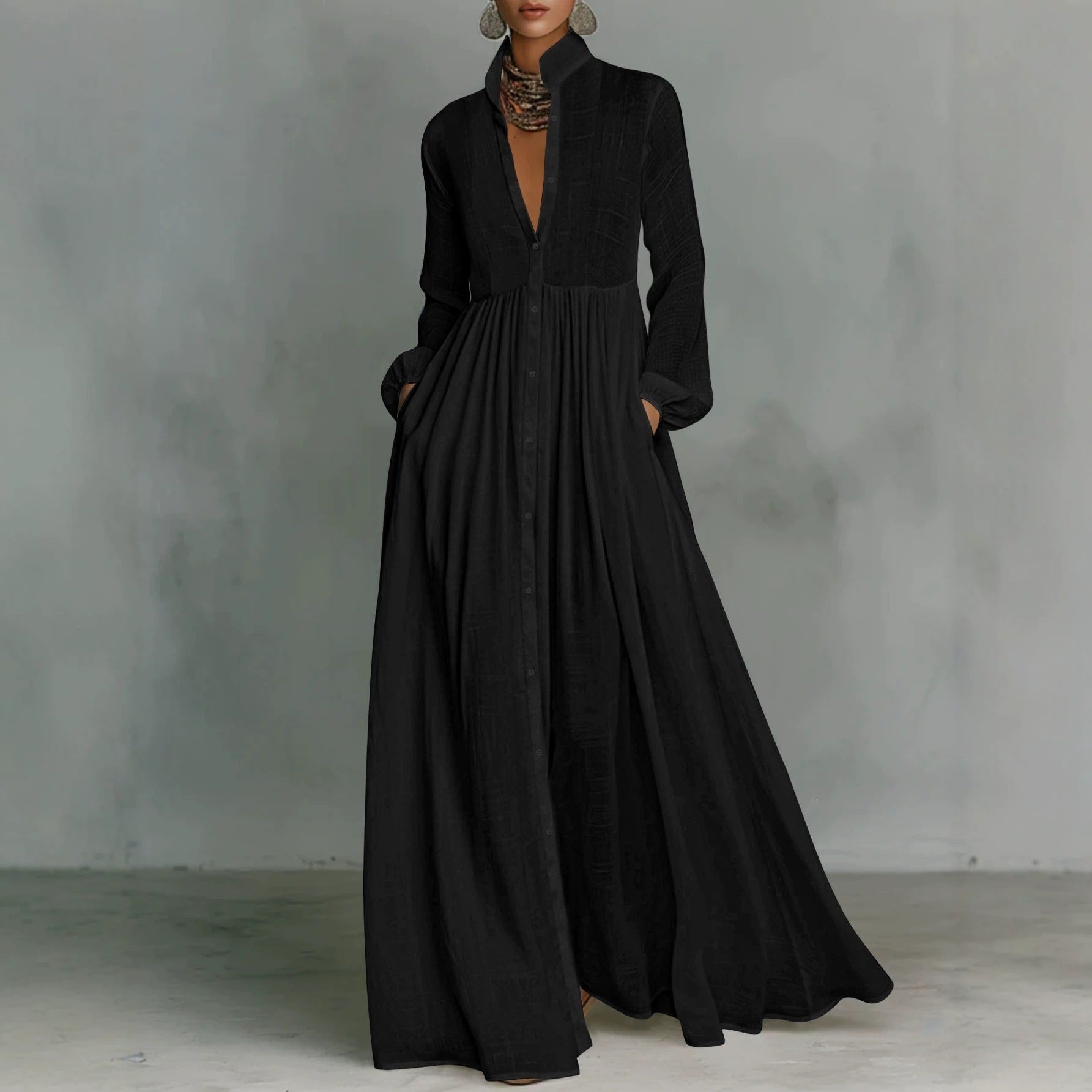 Français Texturé Automne Hiver Arrivée Robe Stand Manches Lanterne
