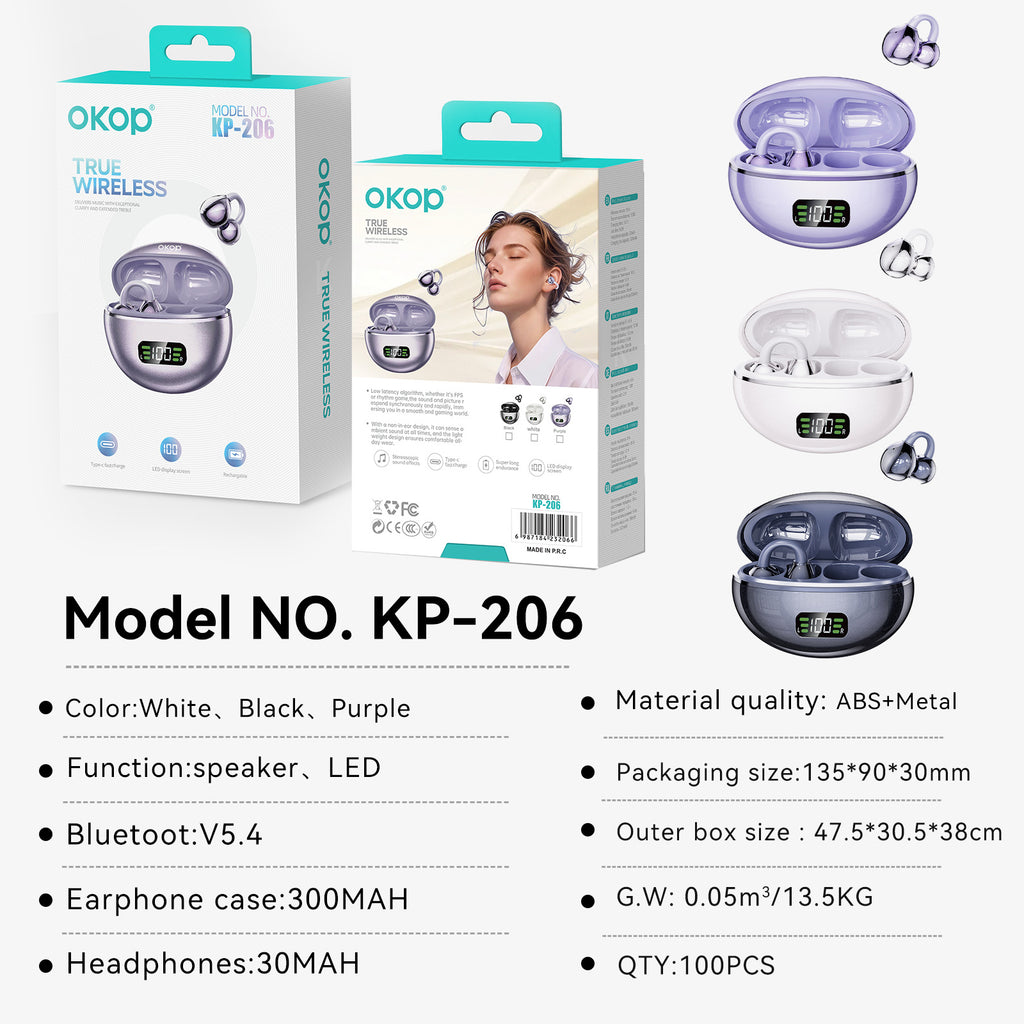 KP-206 Ecouteurs Bluetooth sans fil Affichage de batterie numérique OWS Haute Fidelité Audio Clip-On