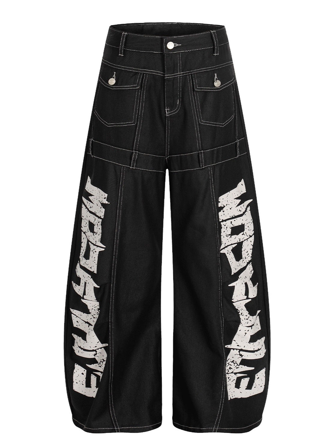 Pantalon noir à large jambe de style américain avec une grande impression de lettre