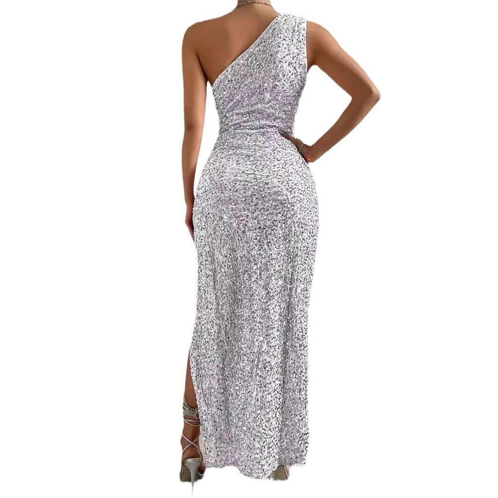 Élégant Épaule à paillettes Split Robe Solide Couleur Slim Club Robe de fête Casual Asymétrique