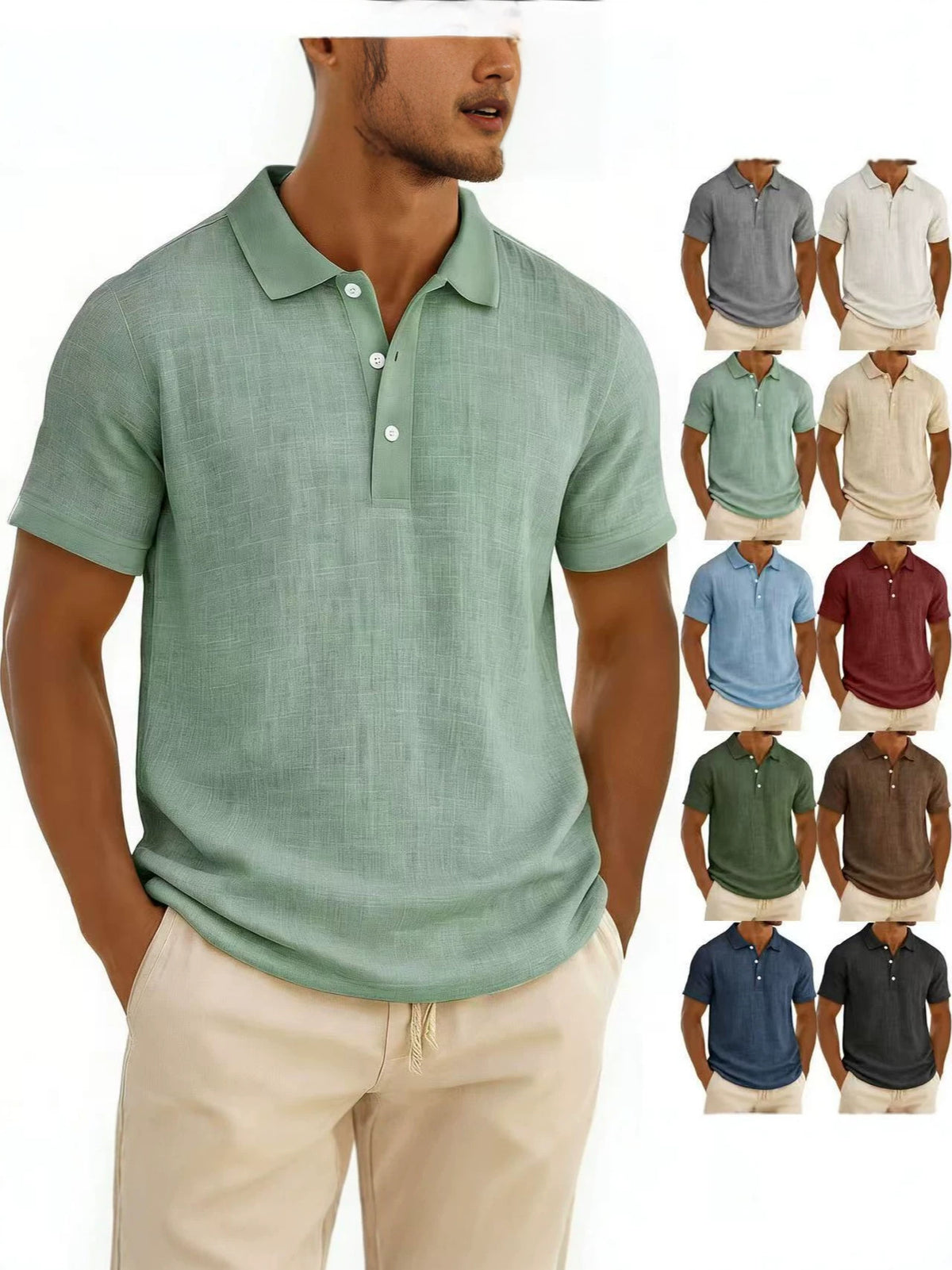 Trendy Men's Casual Solid-color Summer Bamboo-ribbed Coton Polo manches courtes Chemise Homme
