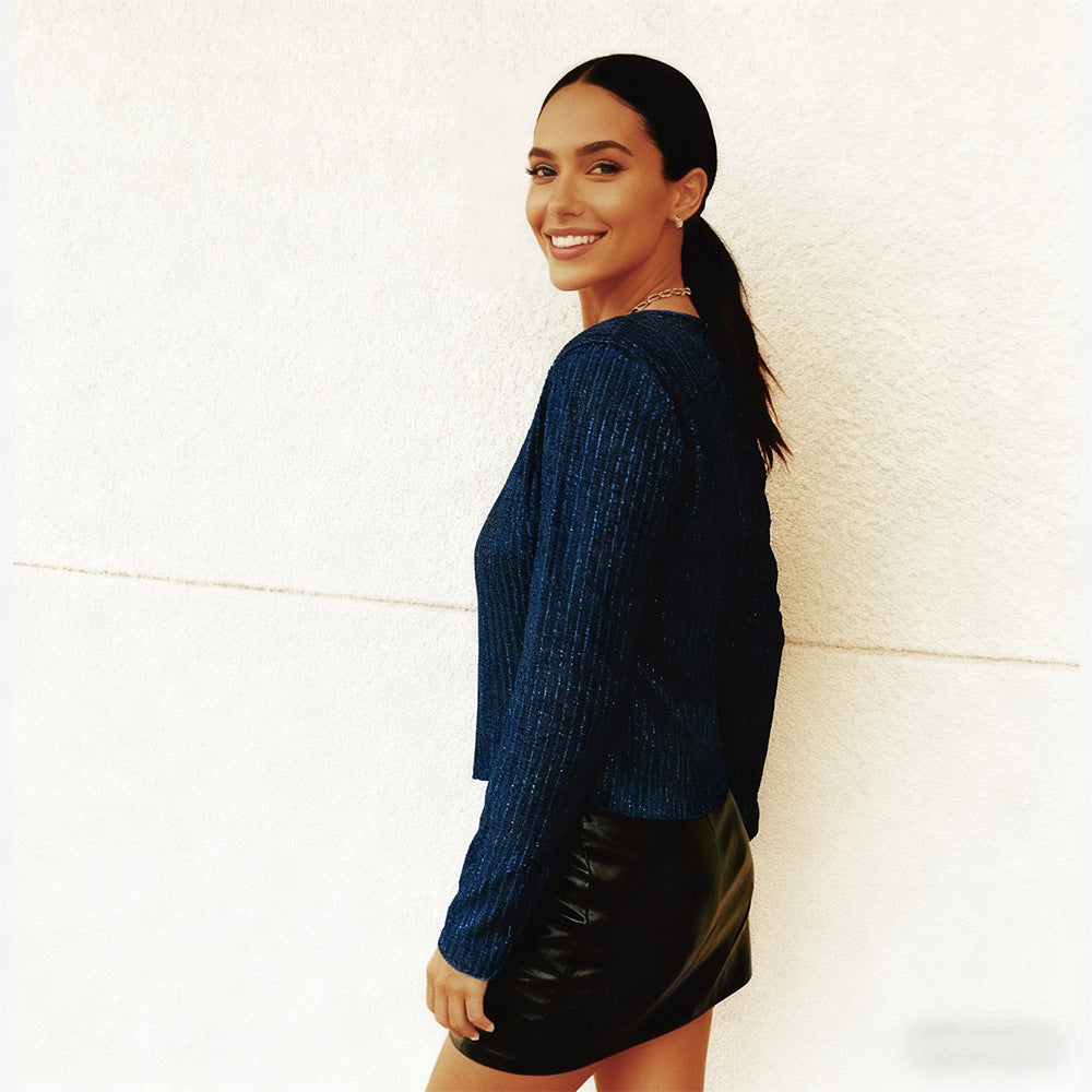 Femme Mode Sequined Col d'équipage Veste taillée