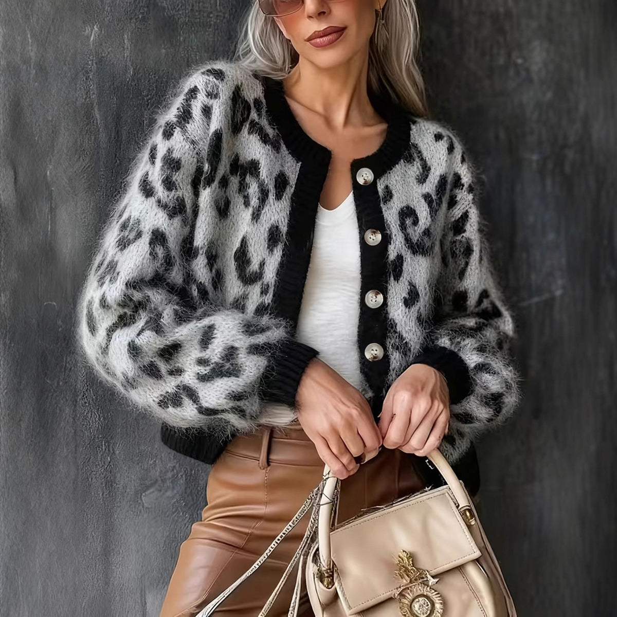 Casual Stylish Retro Leopard-print Color-block Jacquard Sweater