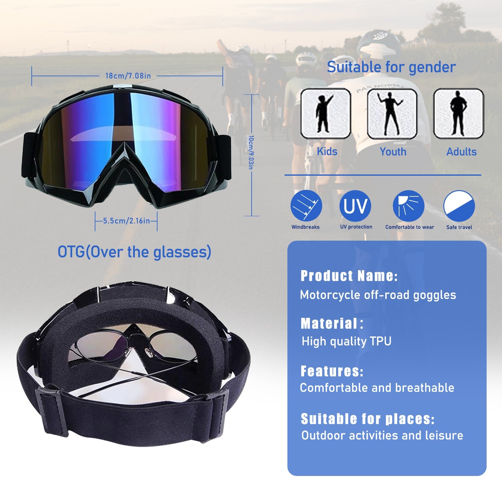 Gants de moto Fit sur les lunettes Dirt vélo Ski Anti-Fog Shatterproof UV400