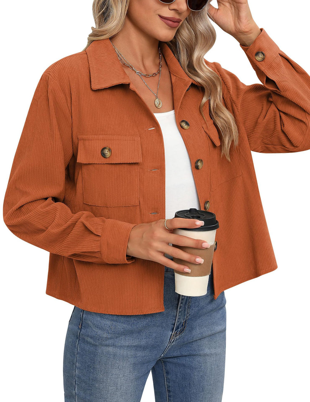 Femmes Casual Corduroy Bouton vers le bas Veste taillée Mode Court Top