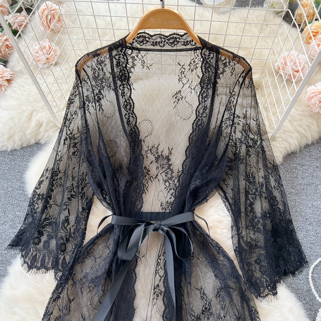Mode Femmes Mesh Dentelle Robe de nuit Cardigan