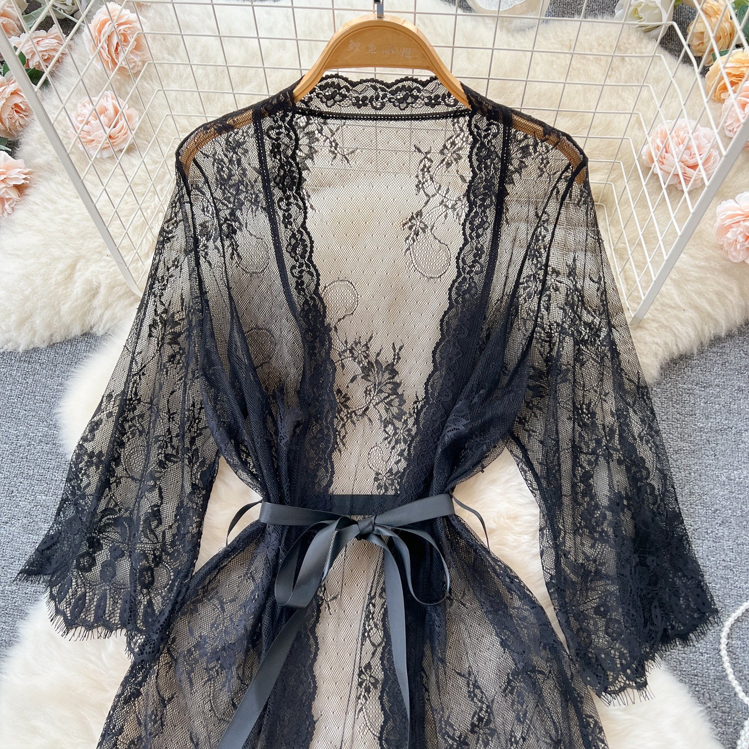Mode Femmes Mesh Dentelle Robe de nuit Cardigan