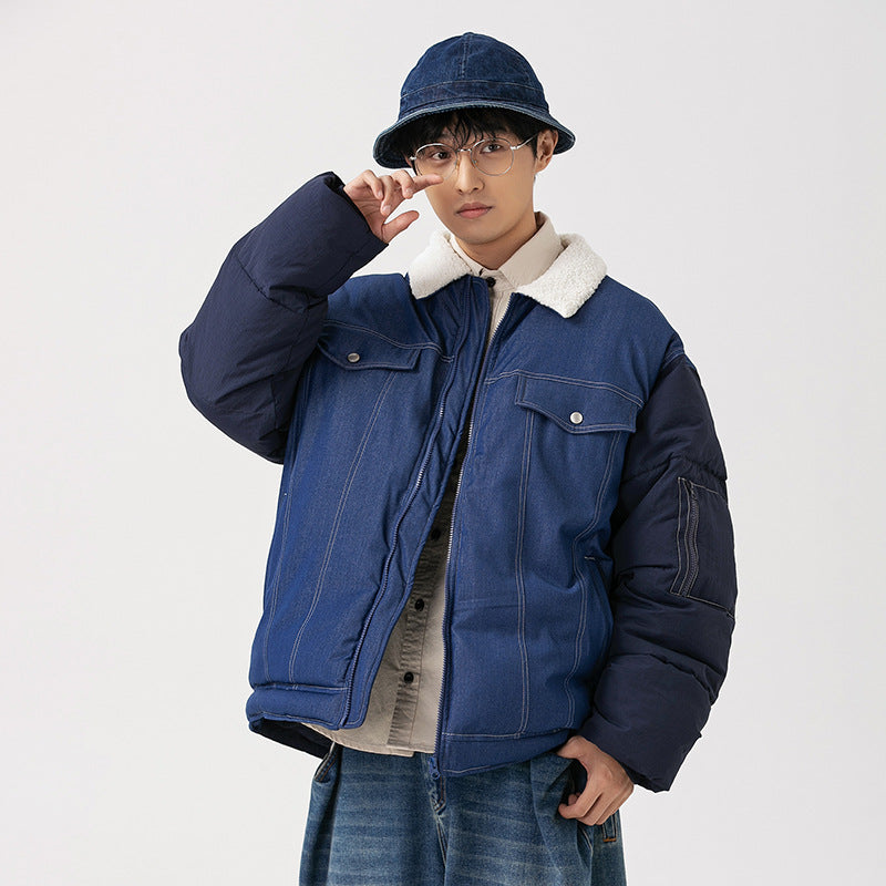 American Retro Patchwork Denim épaissi coton manteau rembourré hommes