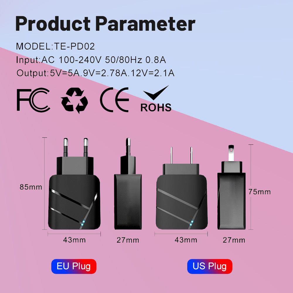 Chargeur de téléphone portable à recharge rapide 40W PD QC30