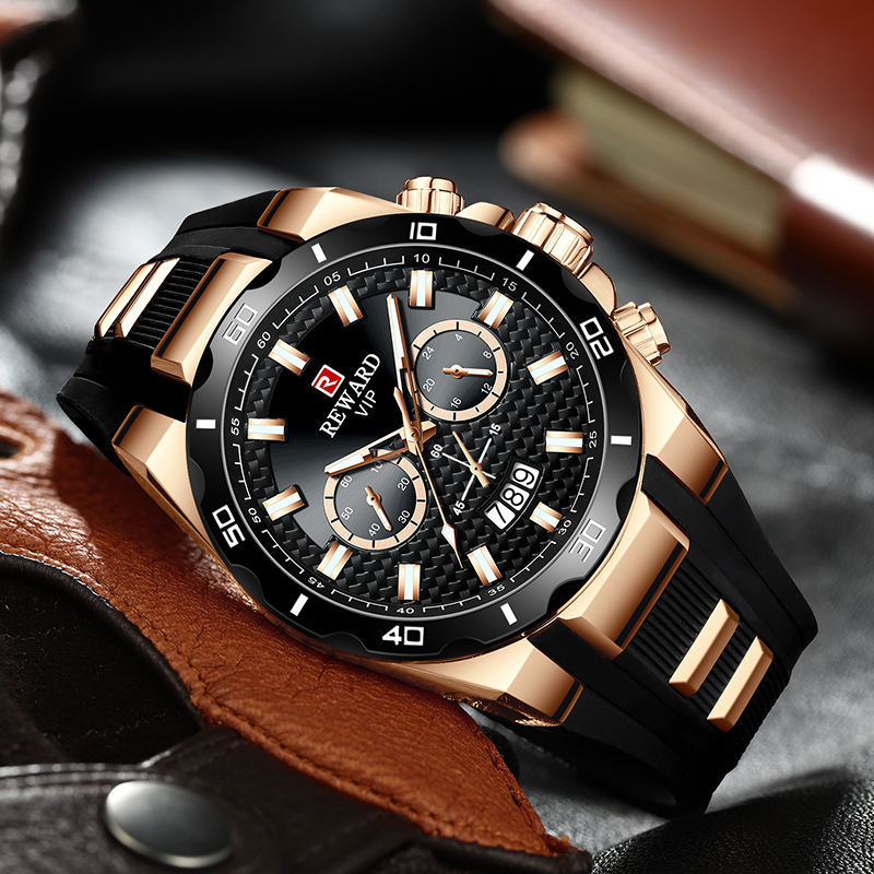 REWARD Mens Montre en noir et or avec un design cool et la fonction de calendrier