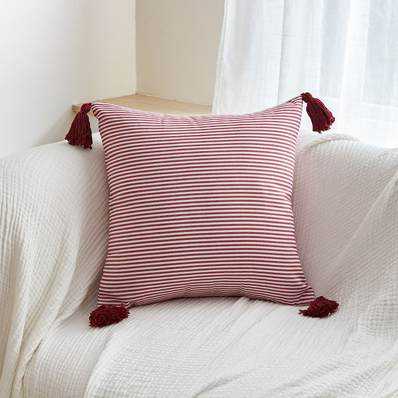 Oreiller rayé rouge et blanc en polyester-coton avec bords et déguisements