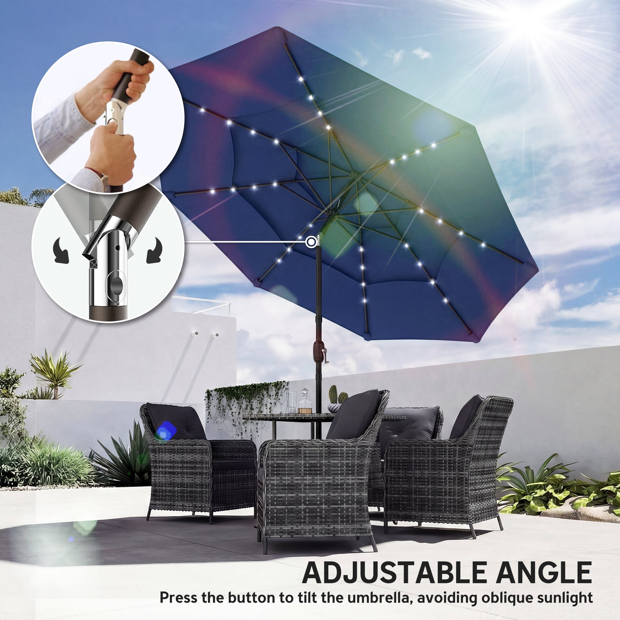 Parapluie extérieur Patio de 9,7 pieds avec lumières solaires LED
