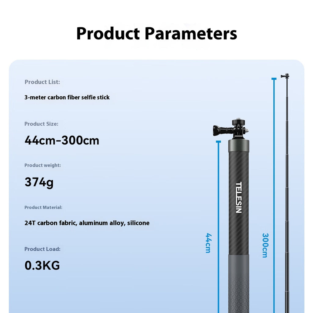 3 M fibre de carbone Super long Invisible Selfie Stick