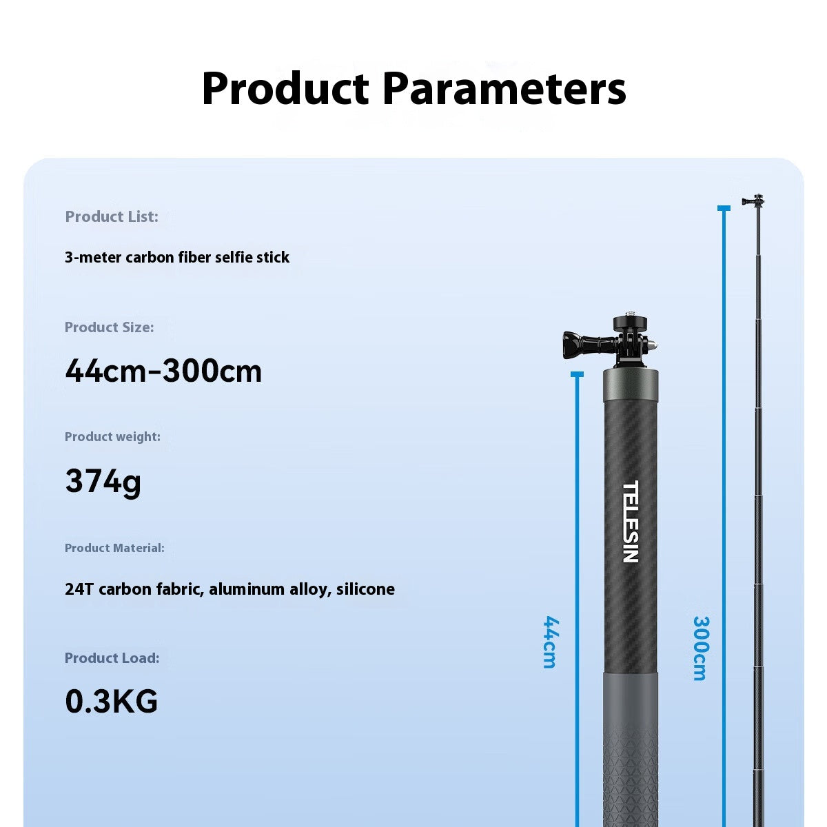 3 M fibre de carbone Super long Invisible Selfie Stick
