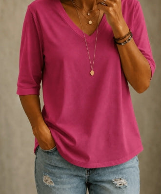 Femmes Relaxed-fit Minimalist col V T-shirt à trois quarts de manches
