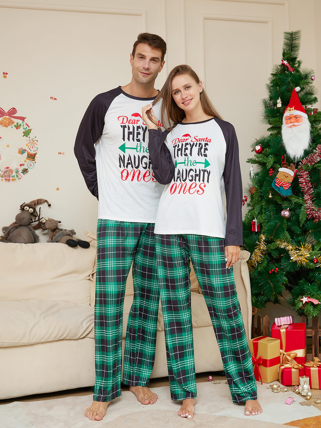 Mode femme vert avec lettres Plaid Imprimé costume de pyjamas