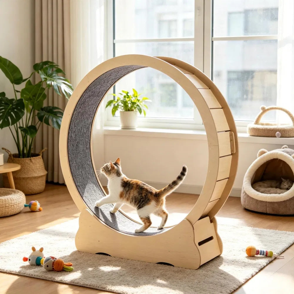 Roue d'exercice en bois de chat