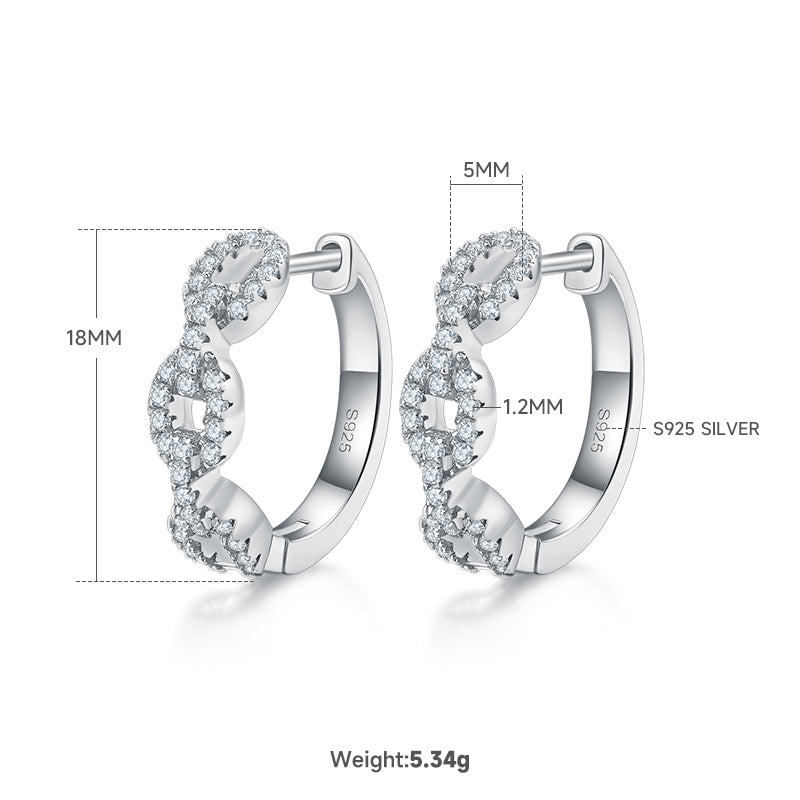 6g 18mm S925 Argent Sterling Chaîne torsadée Lien Boucles d'oreilles Moissanite Pave Huggie Hoops