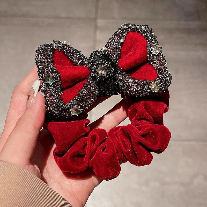 Red Velvet Strass Scrunchie avec un style de corde Bowwomens Cheveux Accessoire