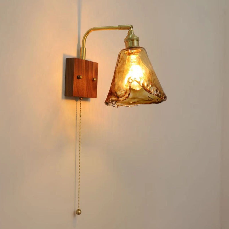 Lampe de lit en noyer mural à chaîne de perles rétro