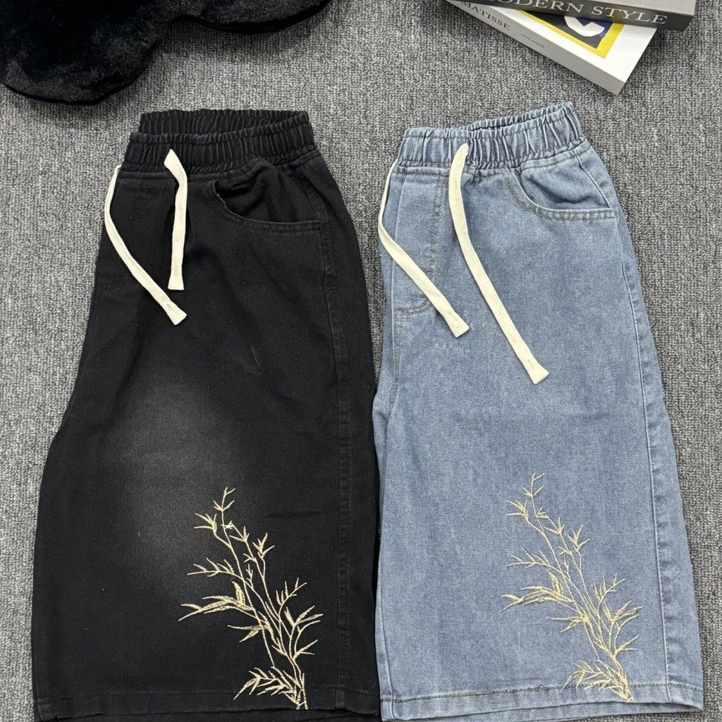 Short en denim brodé homme Large-leg Longueur de cinq points