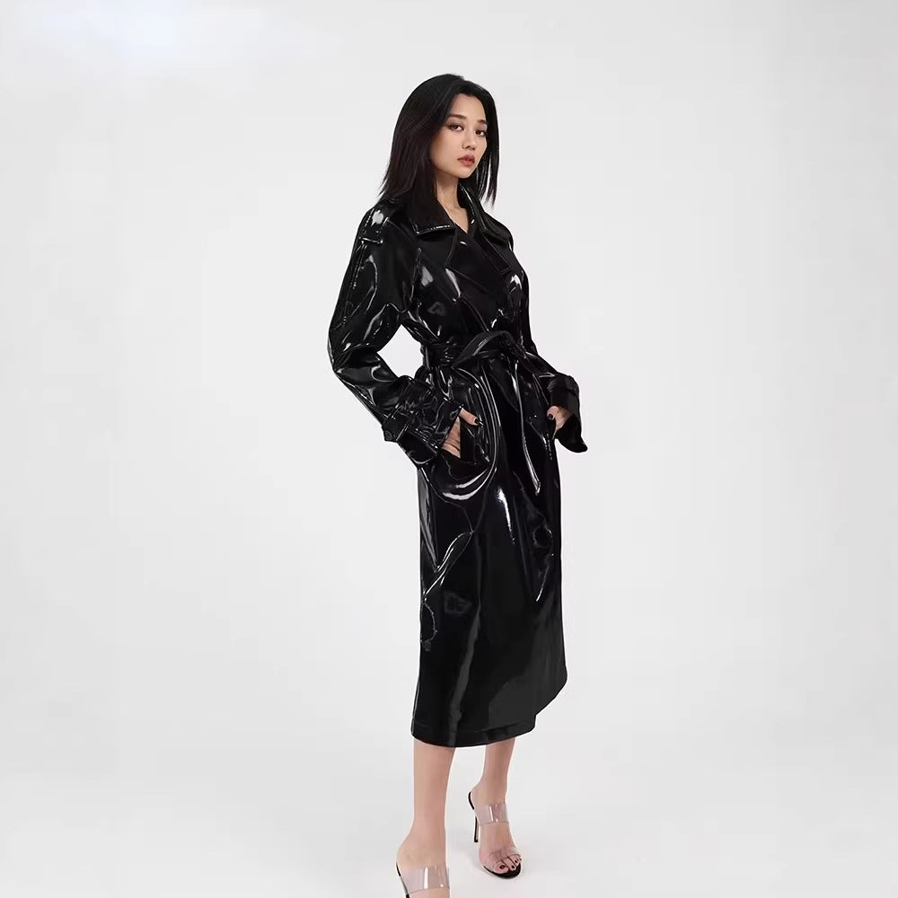 Femmes miroir-look cuir mode boîte de nuit longue tranchée manteau veste