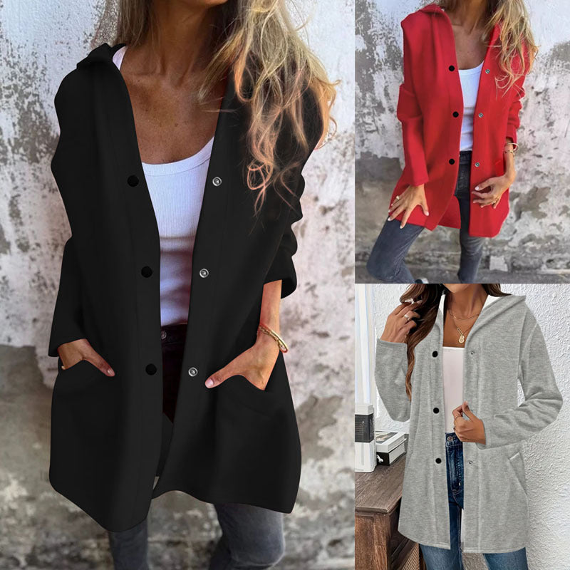 Femmes Bouton à capuche Cardigan à manches longues Loose Mid Longueur Coat Casual Outerwear avec