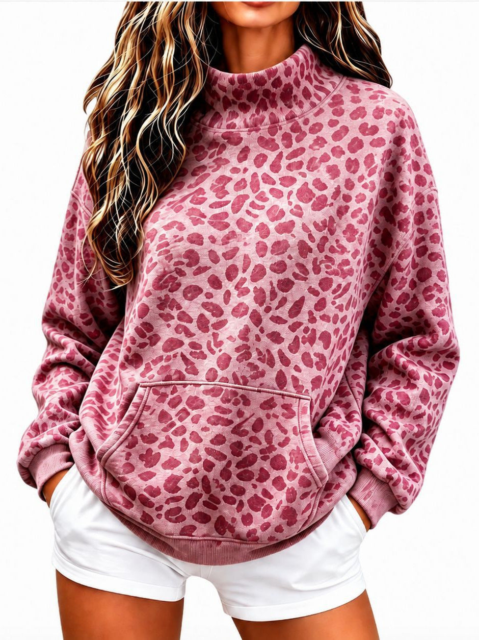 La mode européenne et américaine Leopard Imprimer Sweatshirt à col élevé pour les femmes