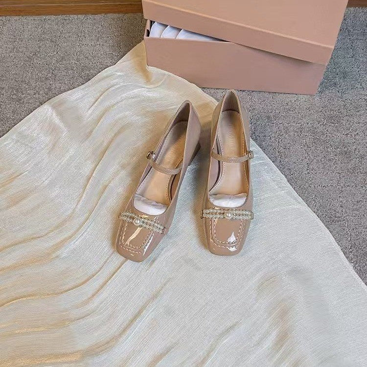 Femmes Elégante française Mary Jane Pompes Été Automne Nue Pearl Bow Basse Coupe Douce Talons hauts