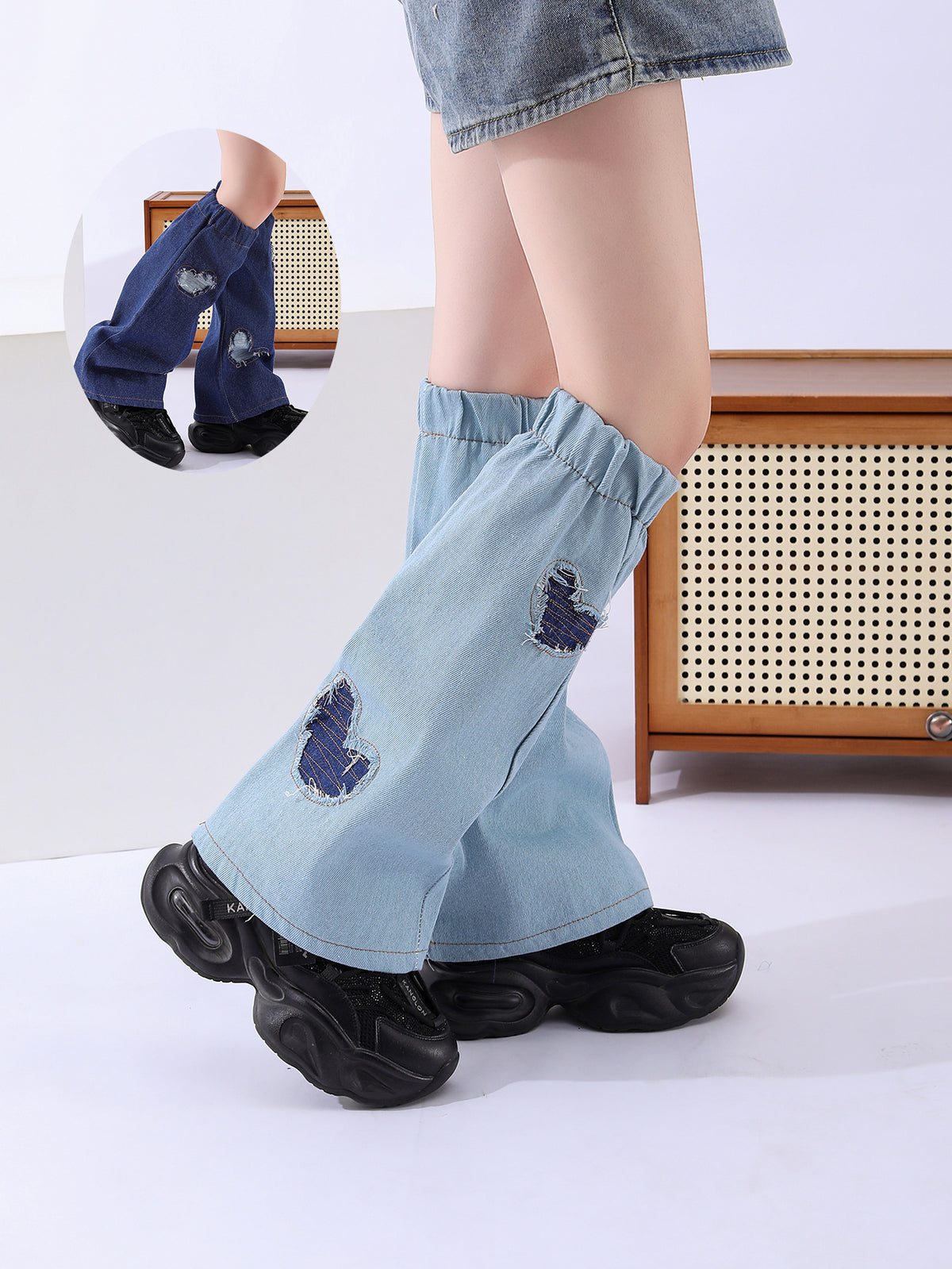Y2K Denim Polyester Jambe Warmers Longueur du plancher Pantalon empilé au-dessus de la poignée de genou