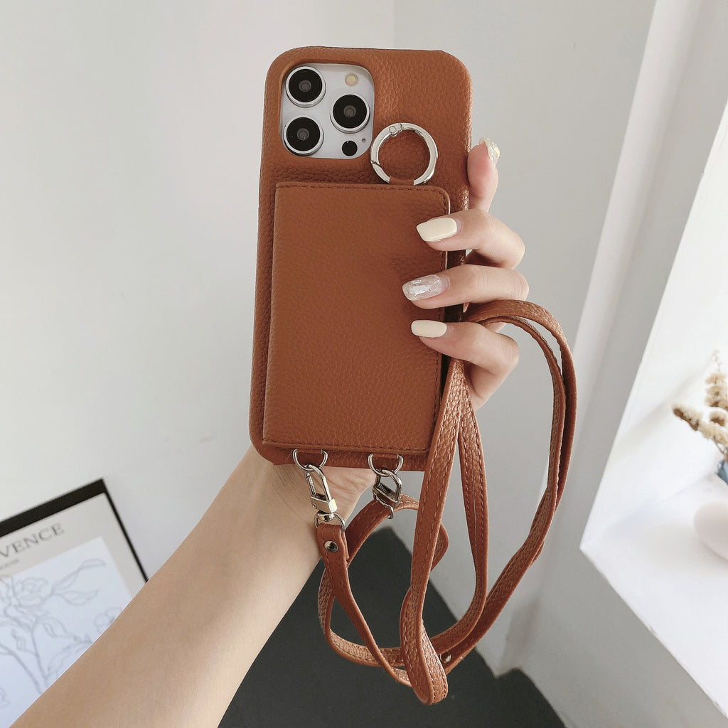 Motif Lychee Gauche et Droite Ouvert Miroir Beauté Étui de téléphone Lanyard