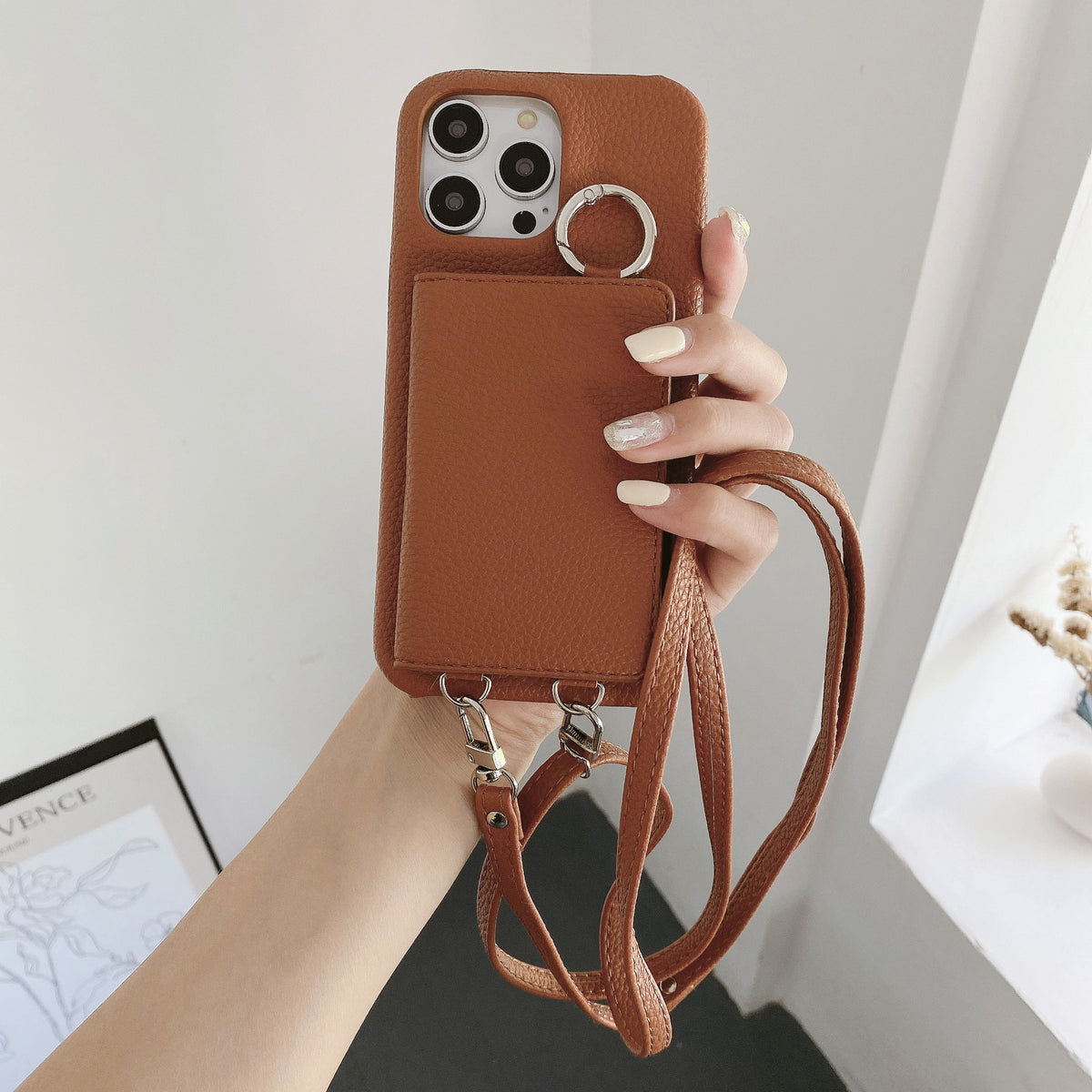 Motif Lychee Gauche et Droite Ouvert Miroir Beauté Étui de téléphone Lanyard