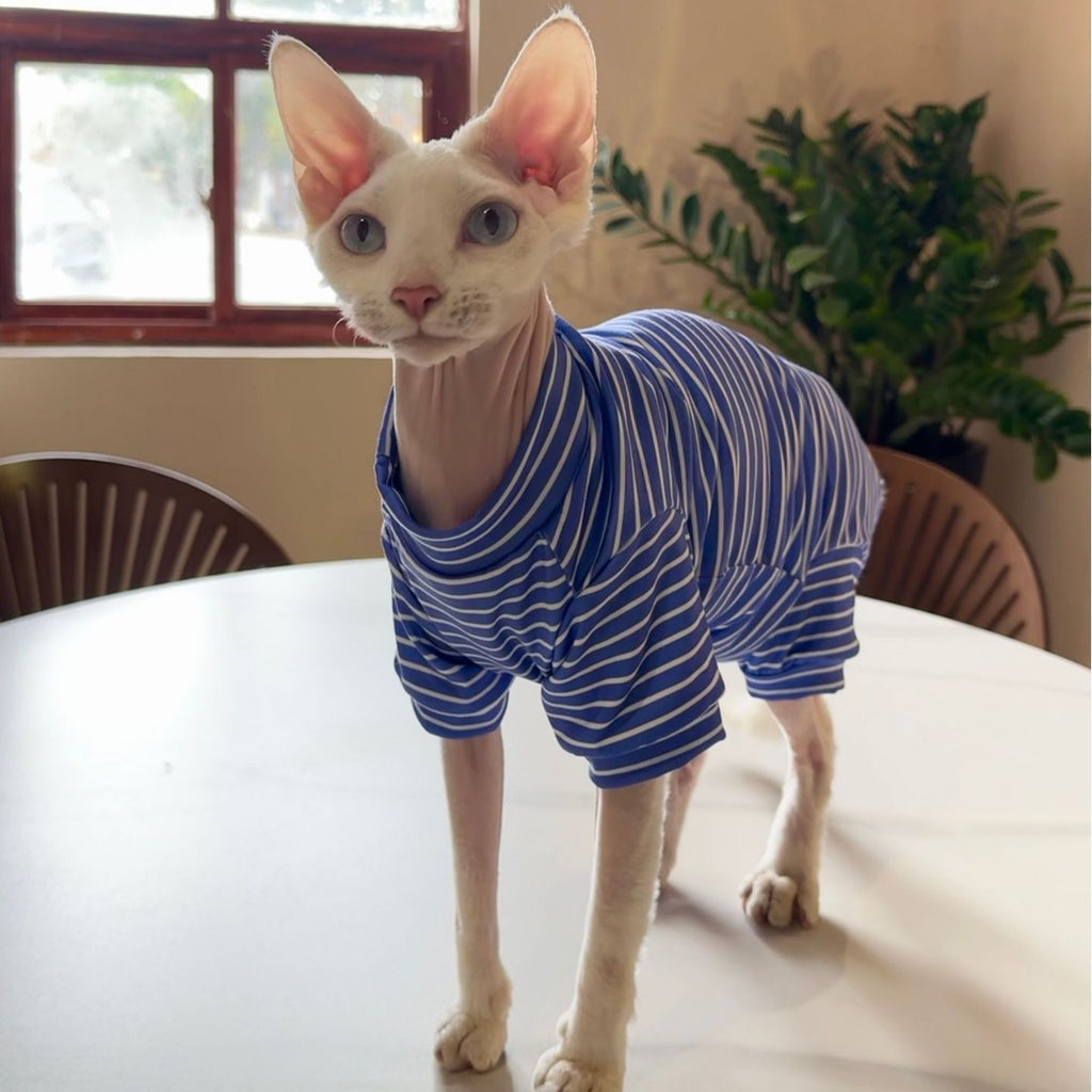 Sphynx Cat été mince respirant rayé quatre vêtements de chemise à pattes pour les chats sans cheveux