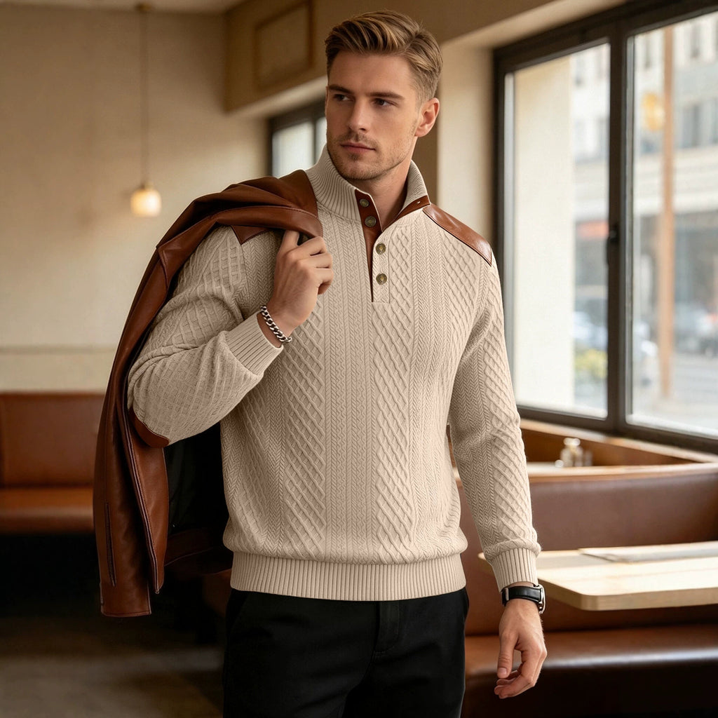 Texturé américain homme Jacquard Collared Knit Sweater avec épaule Patchwork Loose Long-